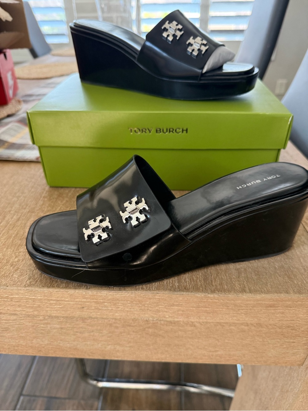Tory Burch Black Patent Wedge Slide Sandals with Silver Logo